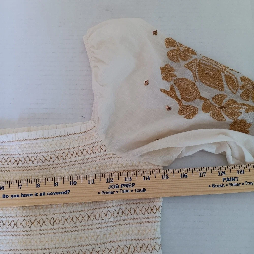 Anthropologie Smocked Top Women Size S White Gold Embroidered Puff Sleeve